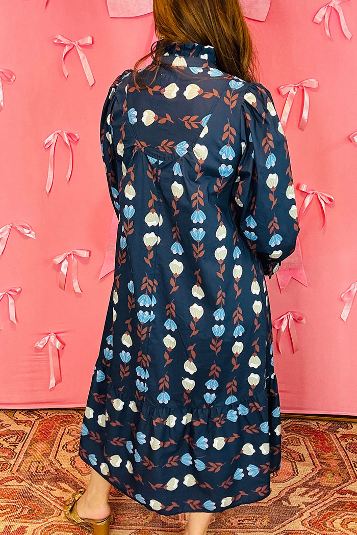 High Neck Ruffle Trim Tiered Hem Dress