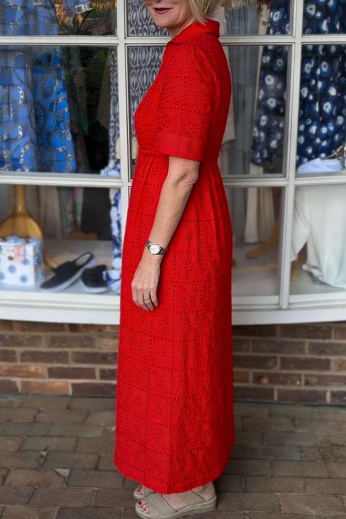 Red Short Sleeve Eyelet Maxi Dress