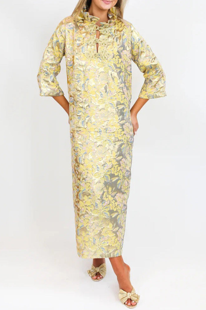 Printed Pocketed Ruffle Collar Frog Closure Maxi Dress
