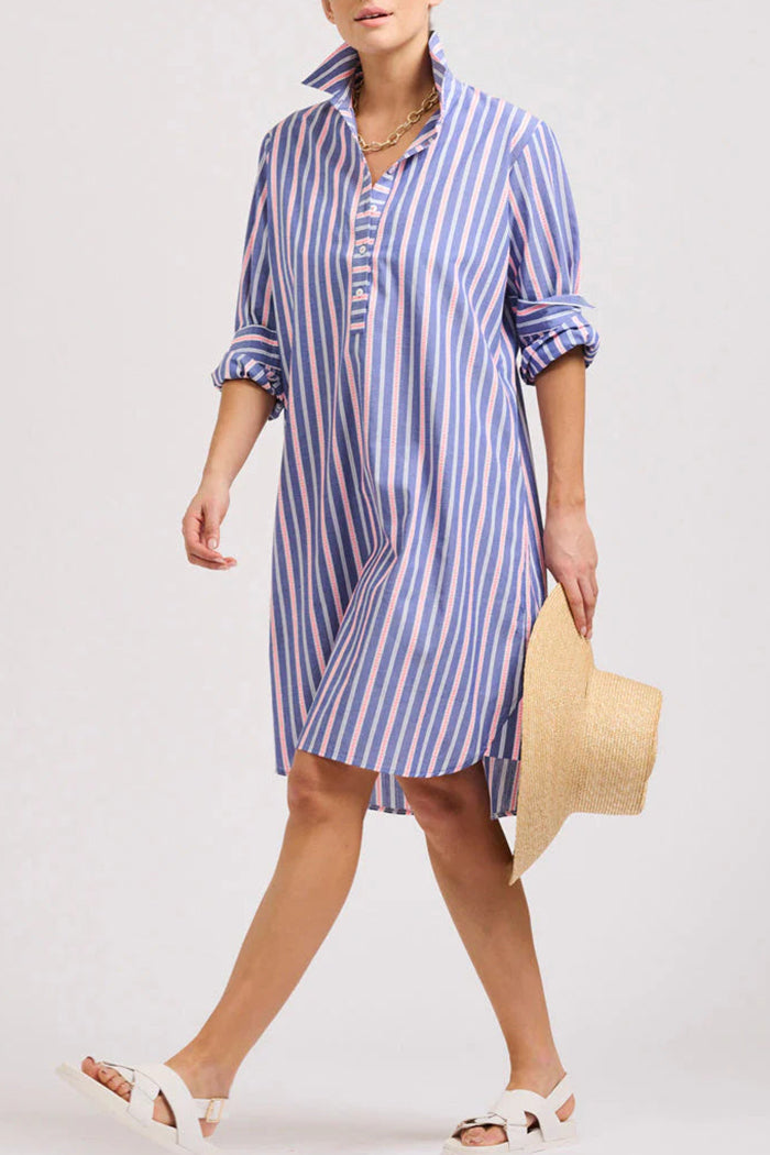High Low Hem Striped Pocket Shirt Dress