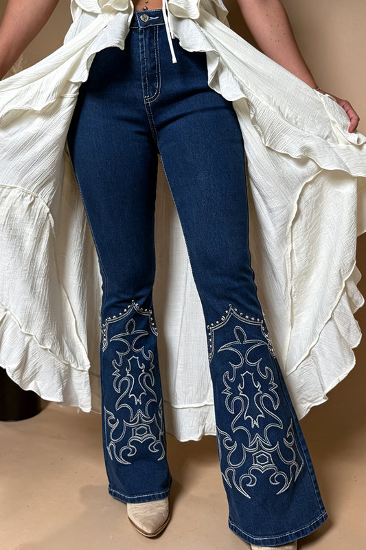 Contrast Embroidered Flare Denim Pants