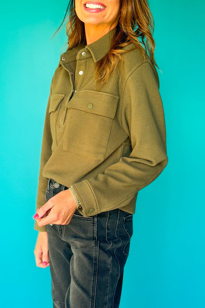 Waffle Knit Button Pocket Crop Top