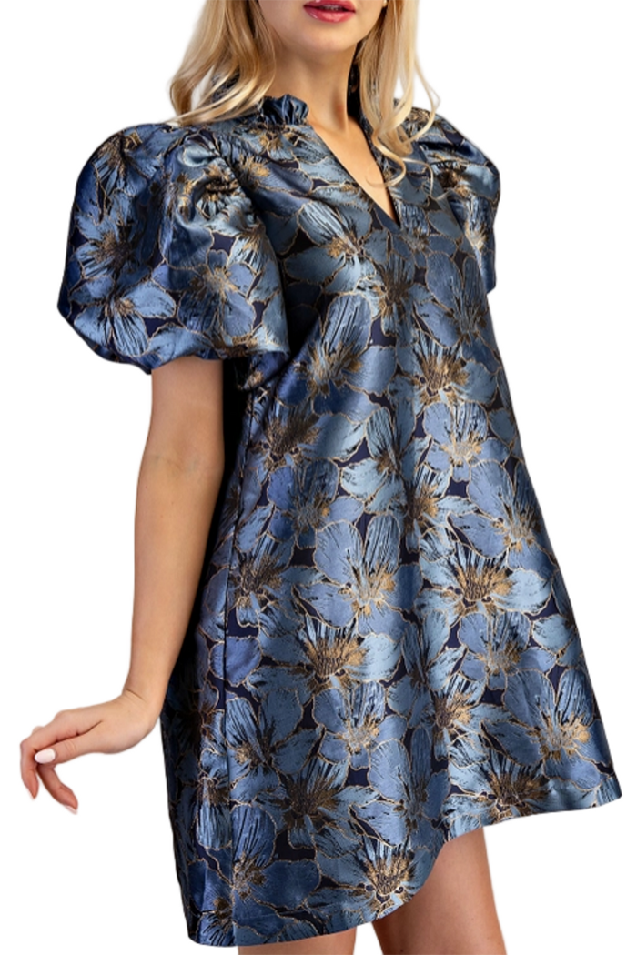 Ruffled Neck Puff Sleeve Pocket Jacquard Dress