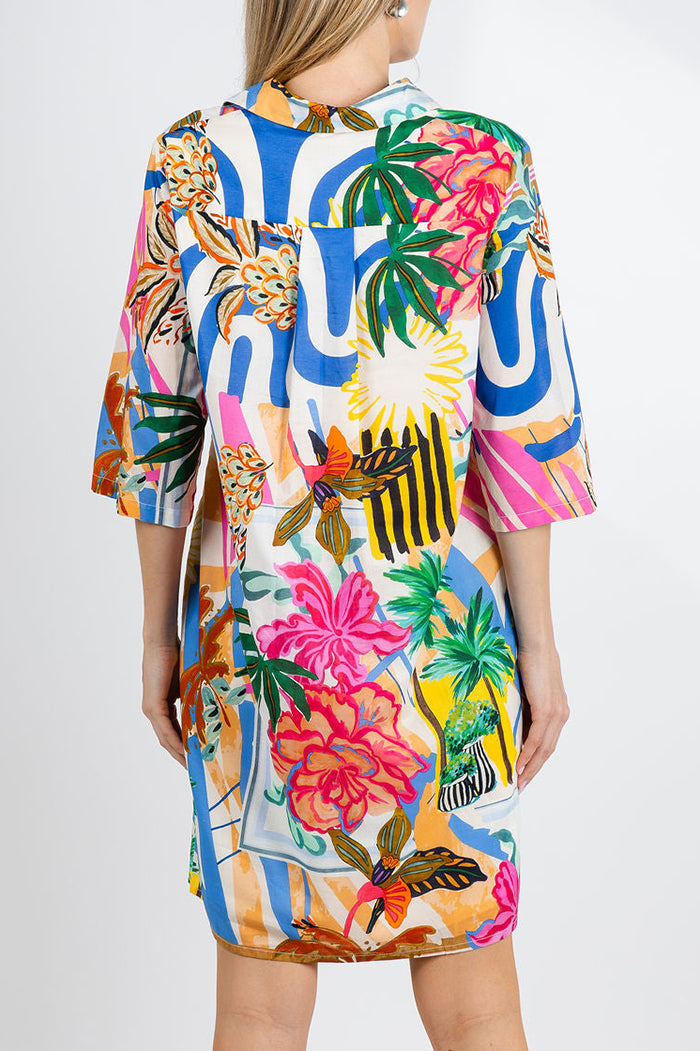 3/4 Sleeve Collared Floral Shirt Dress