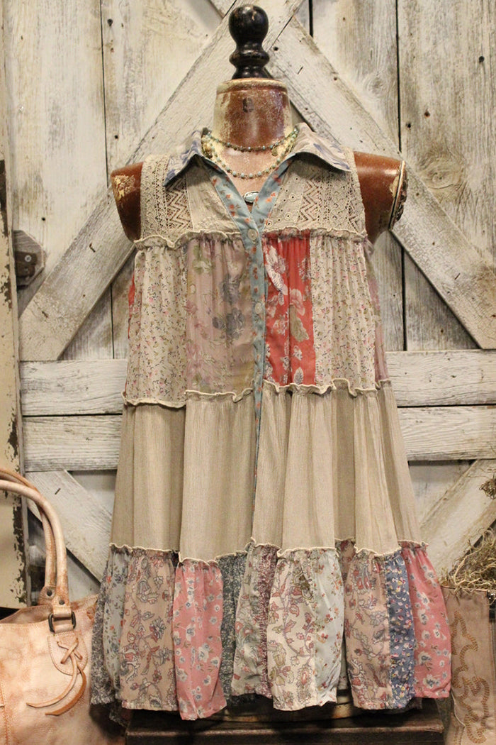 Collared Sleeveless Patchwork Tiered Swing Tank
