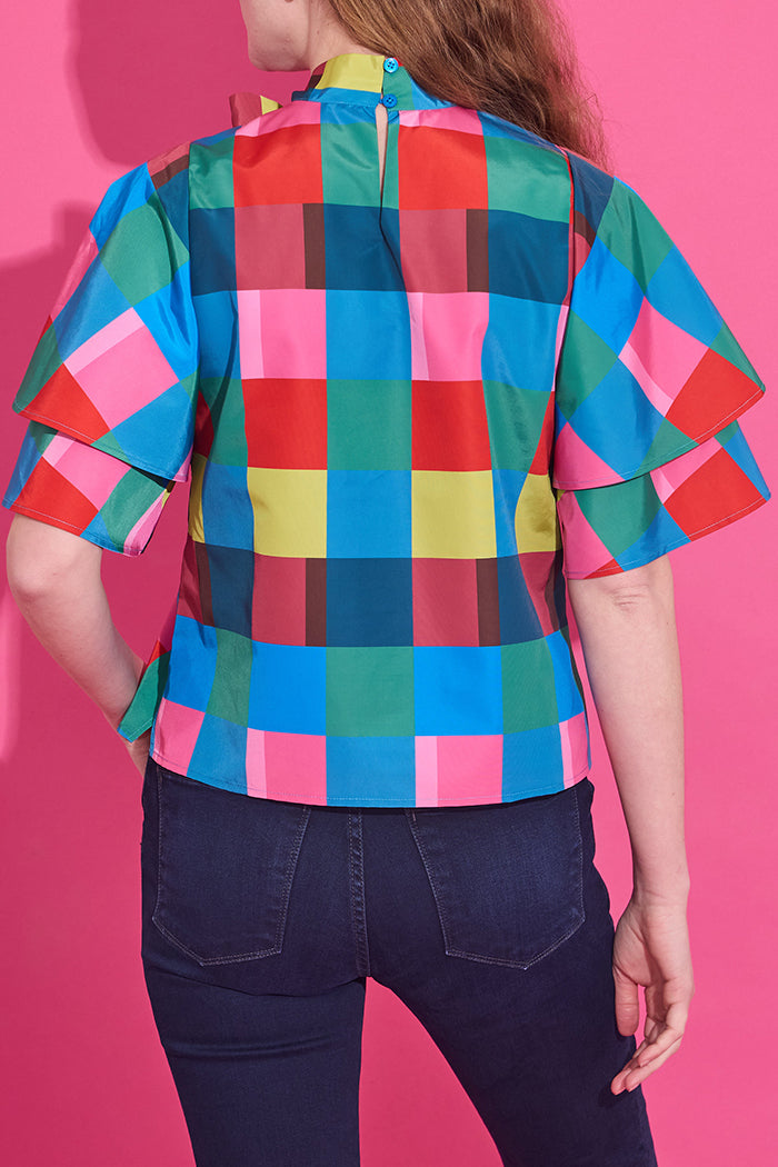 Color-Block Plaid Bow-Tie Ruffle Top