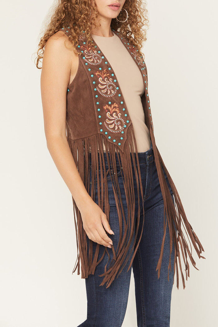 Western Bead Embellished Fringe Faux Suede Vest
