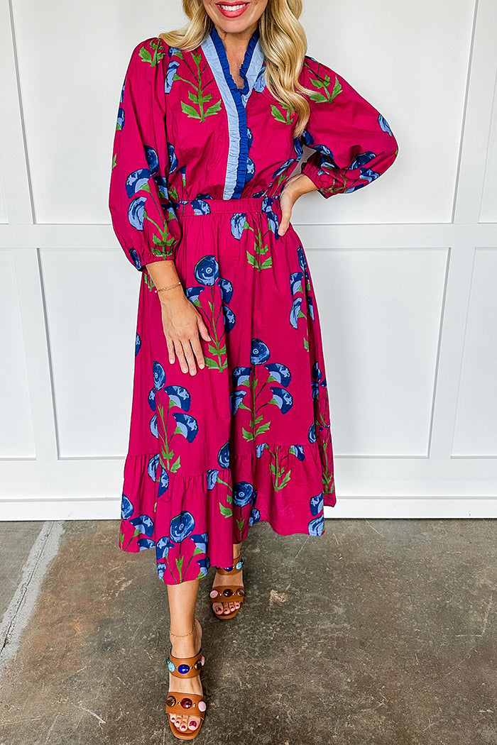Ruffled Neck Smocked-Waist Printed Maxi Dress