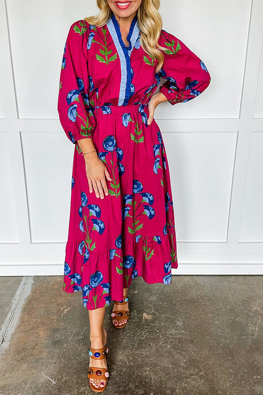 Ruffled Neck Smocked-Waist Printed Maxi Dress