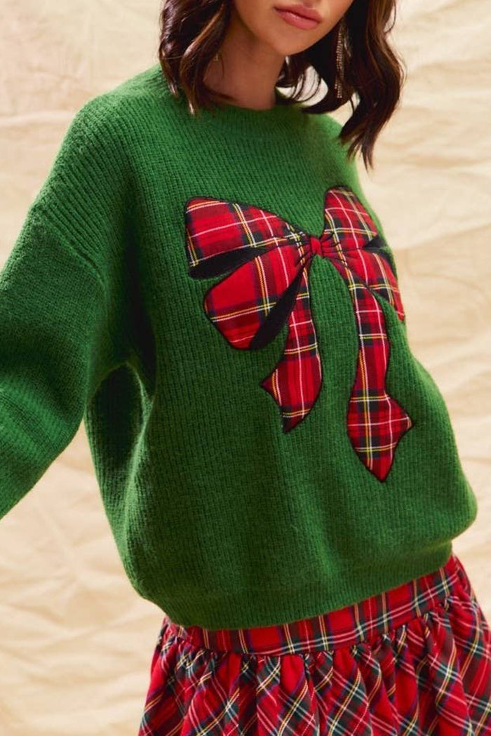 Knit Crewneck Plaid Bow Accent Sweater