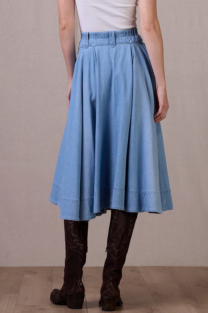 Elastic Back Waist Pocket Pleated Chambray Skirt