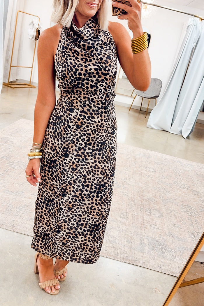 Leopard Halter Cowl Neck Dress