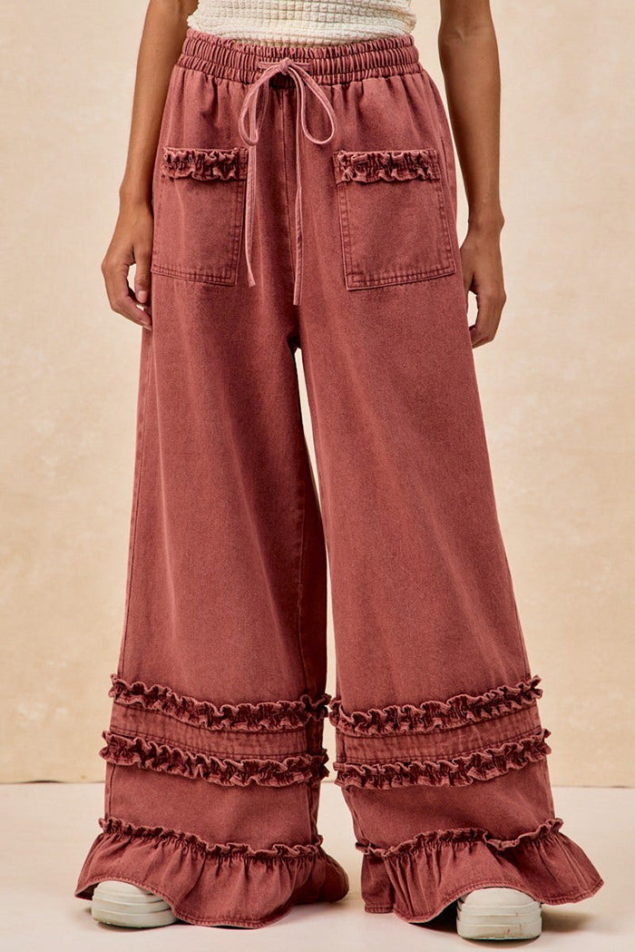 Ruffled Pocket Wide-Leg Pants