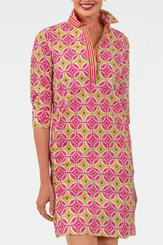 3/4 Sleeve Shell Button Contrast Placket Dress