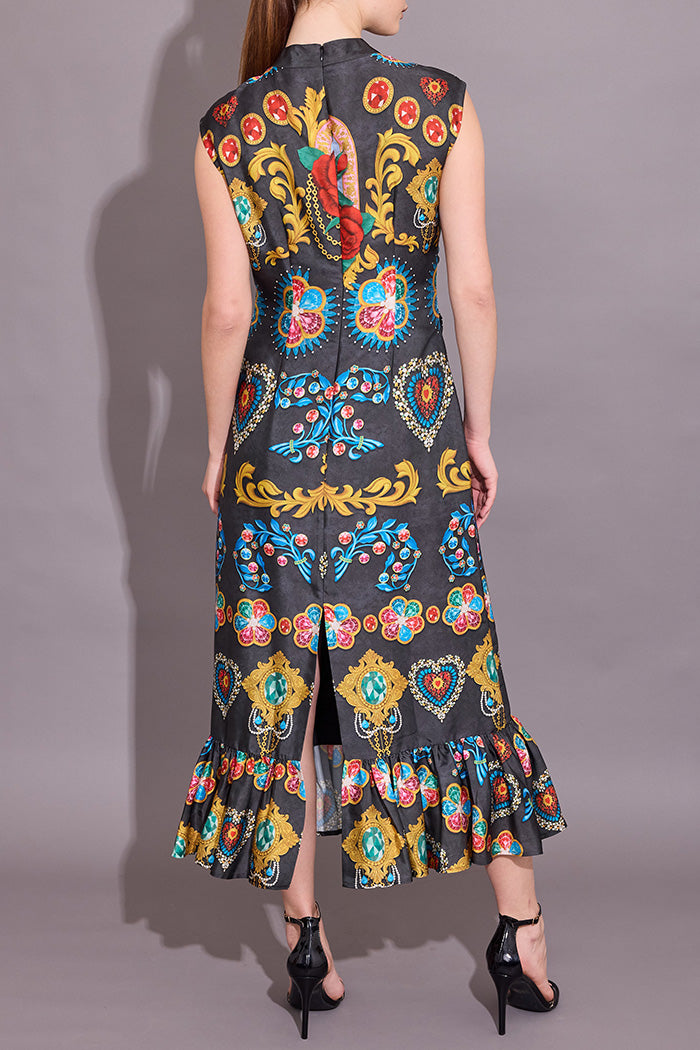 Floral Print Sleeveless Ruffle Hem Midi Dress