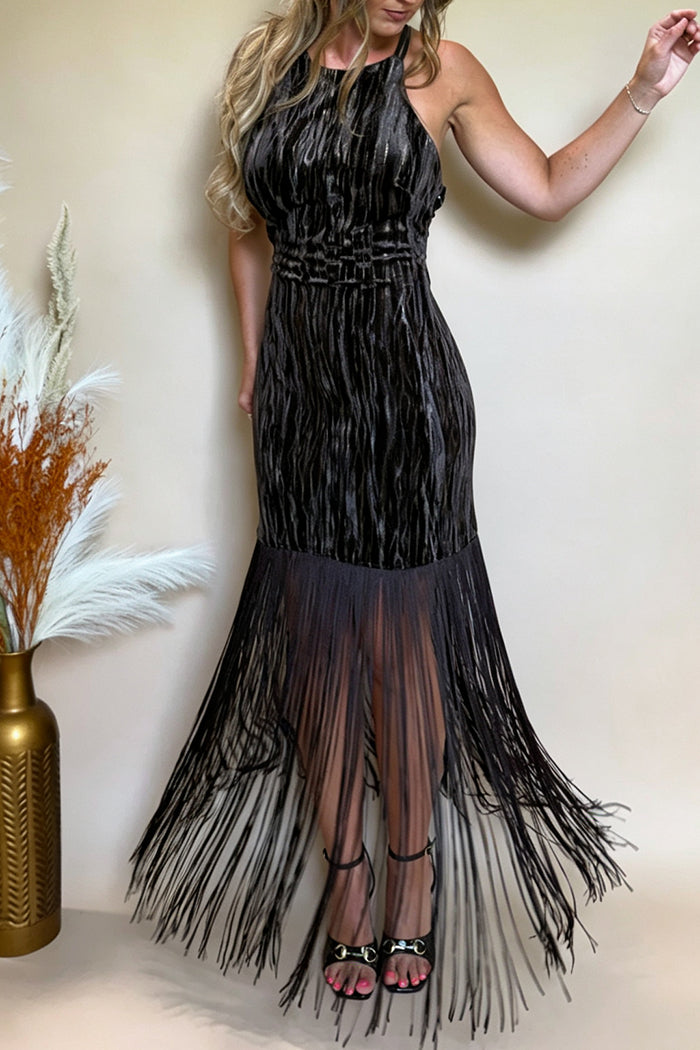 Halter Back Cross Strap Fringe Maxi Dress