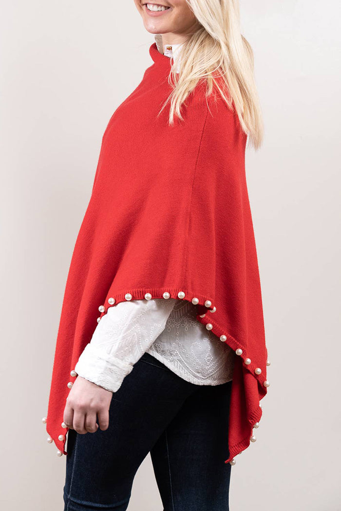 Red Pearl Trim Knit Poncho
