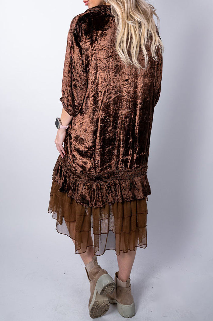 3/4 Sleeve Velvet Ruffle Hem Button Tunic