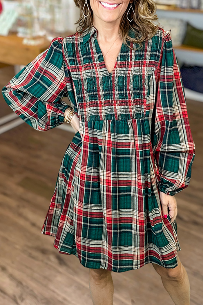 3/4 Sleeves Plaid Pocket Babydoll Dress