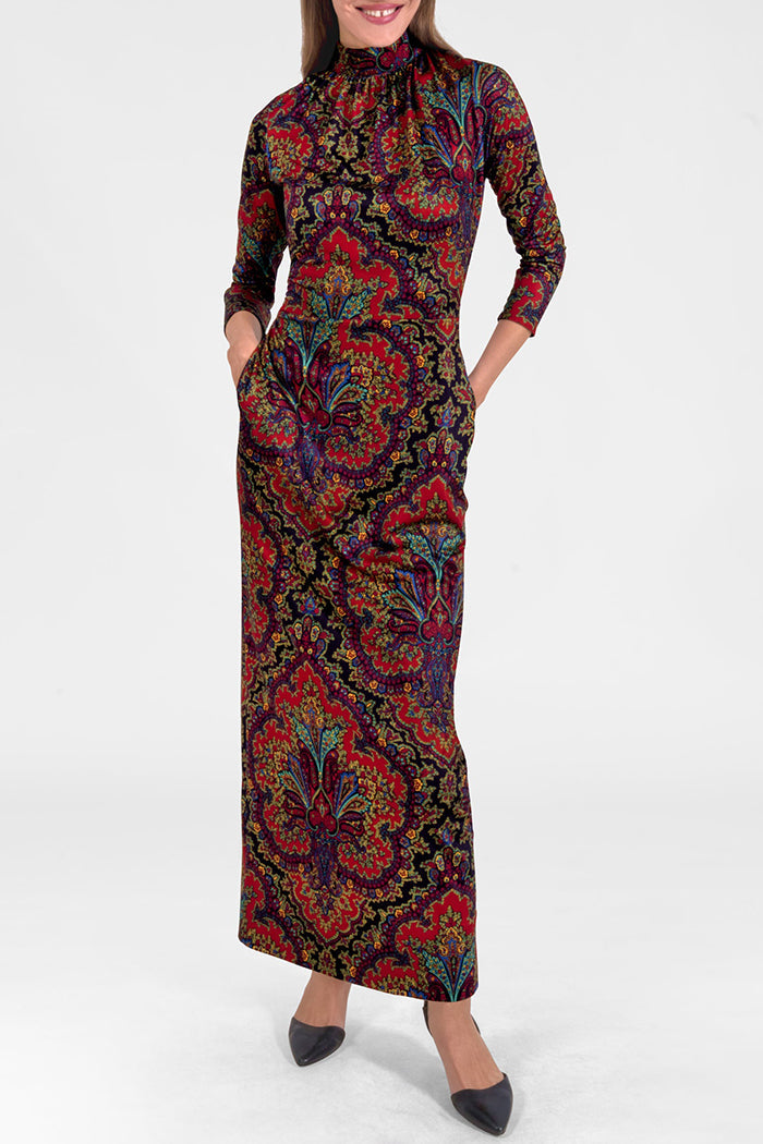 Paisley Mock Neck Pocket Maxi Dress