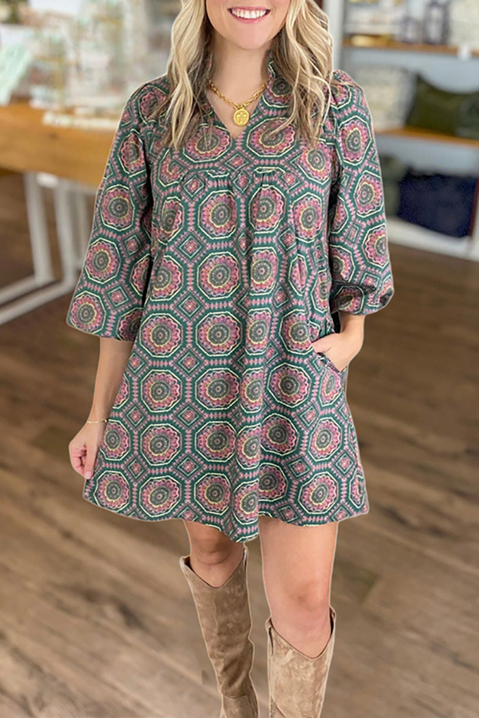 V-Neck Medallion Print Pocket Dress