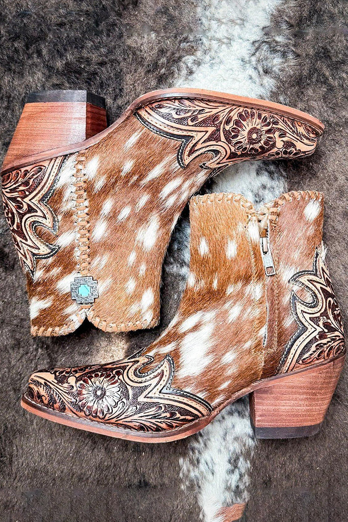 Spotted Cowhide Western Tooled Floral Ankle Booties