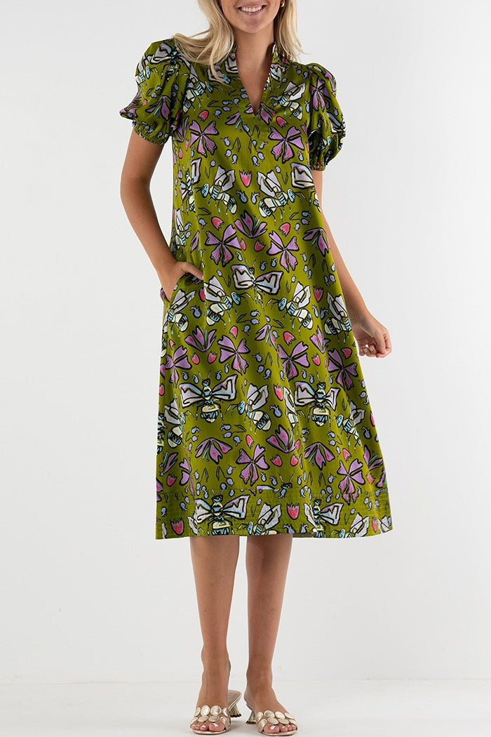 Bee Print Puff Sleeve Pocket Dress