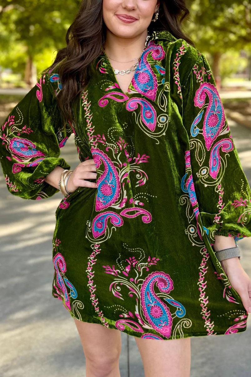 V-Neck Velvet Pocket Dress