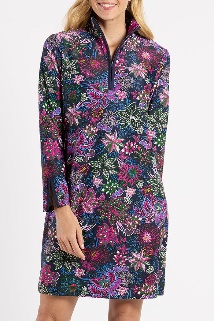 Floral Quarter Zip Long Sleeves Dress