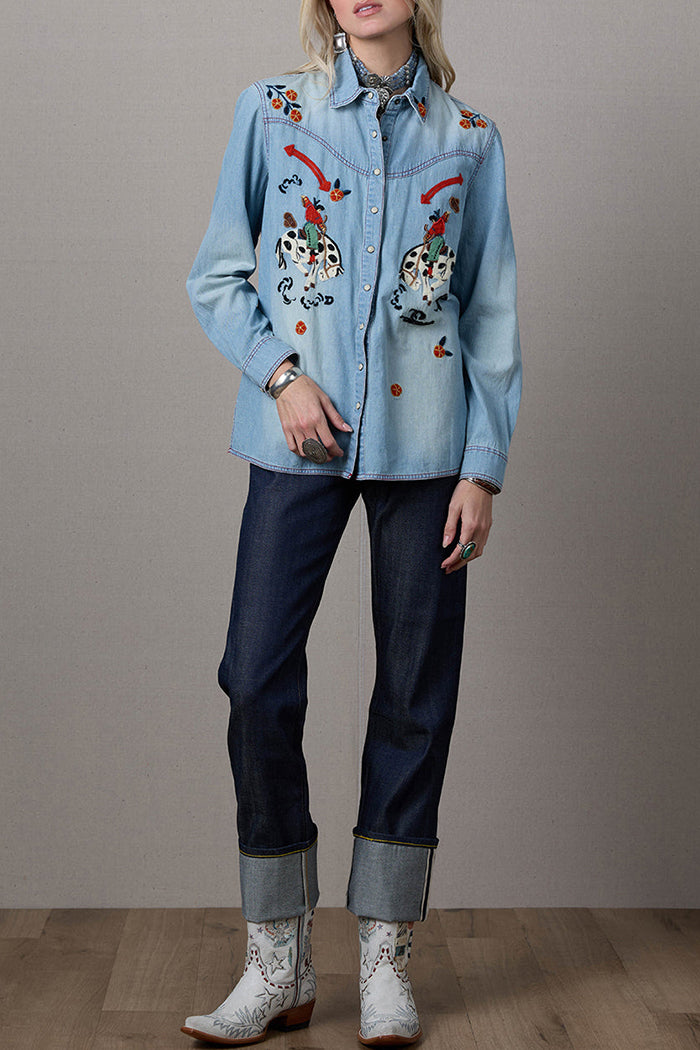 Snap Front Cowgirl Floral Denim Workshirt Top