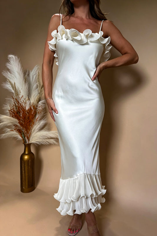 Square Neck Asymmetrical Ruffle Midi Dress
