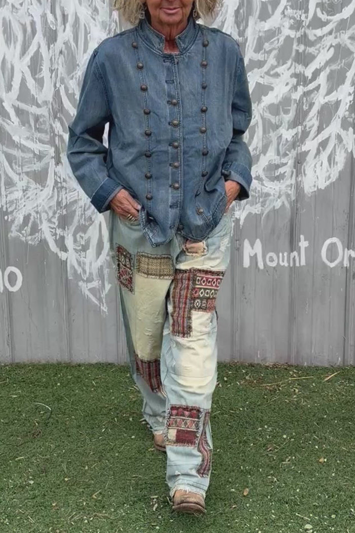 Distressed Washed Blue Patchwork Jeans