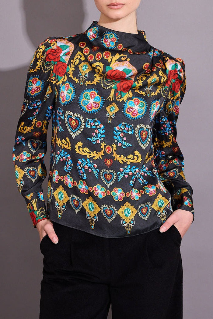 Colorful Embellished High-Collar Top
