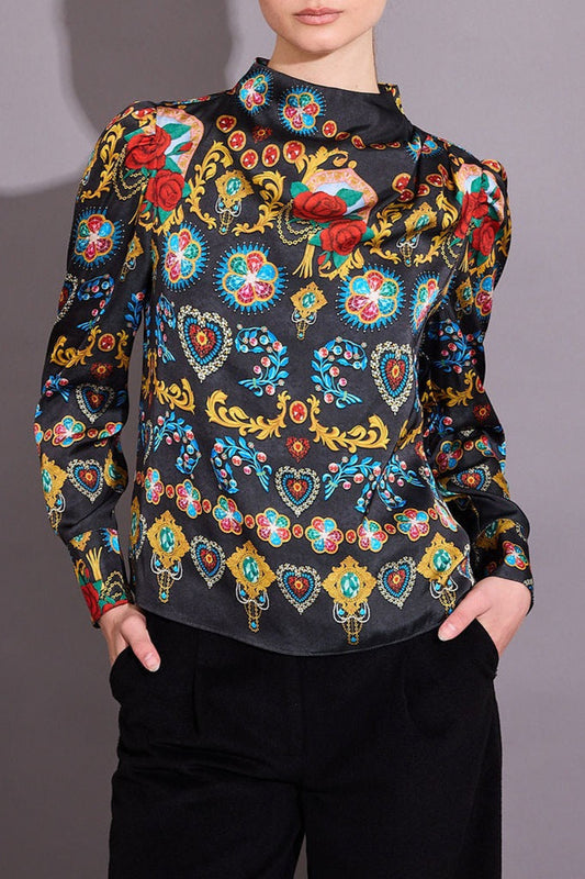 Colorful Embellished High-Collar Top