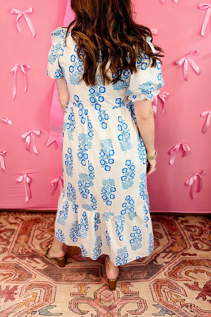 Floral Print Short Puff Sleeve Midi Dress