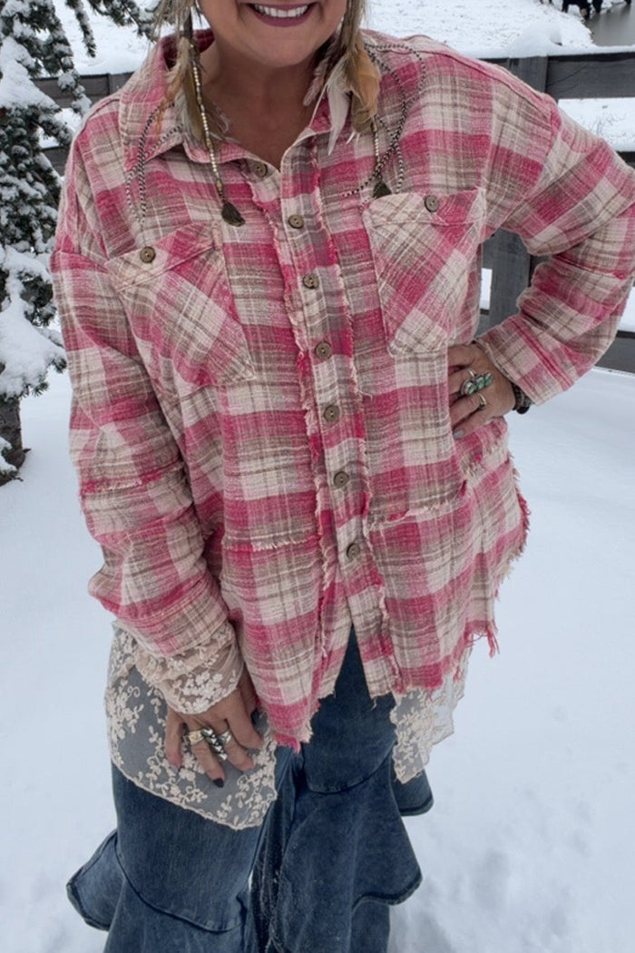 Pocketed Plaid Embroidered Mesh Shacket