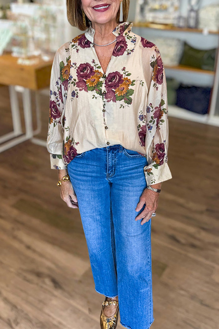 Cream Floral Button-Front Blouse