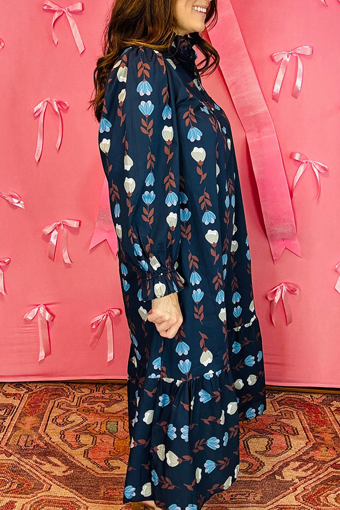 High Neck Ruffle Trim Tiered Hem Dress