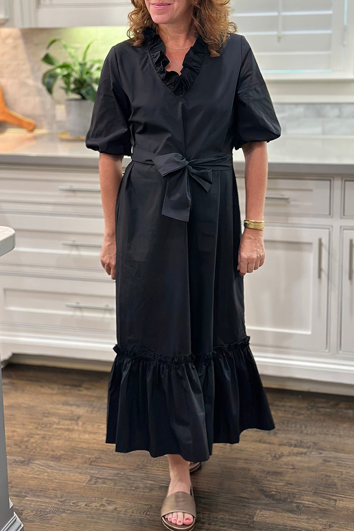 Ruffle Neck Hem Belted Dress