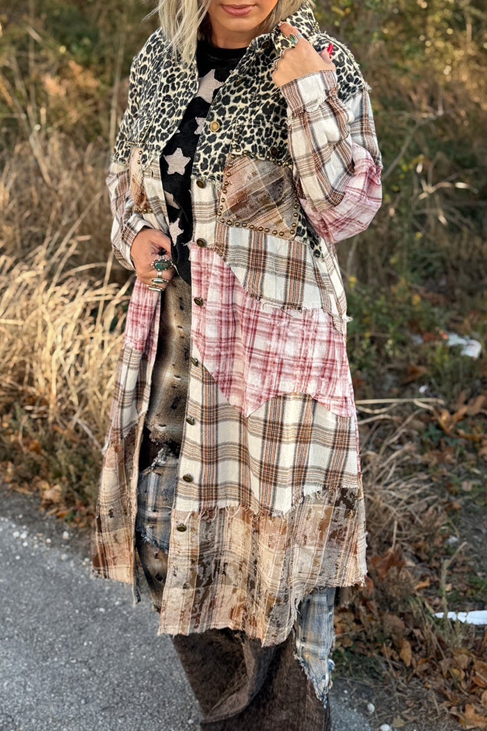 Vintage Leopard-Plaid Patchwork Duster Coat