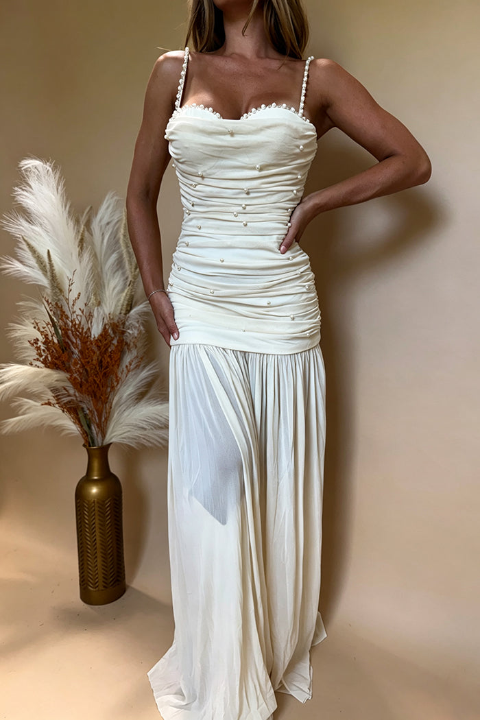 Pearl Strap Ruched Pleated Flowy Maxi Dress