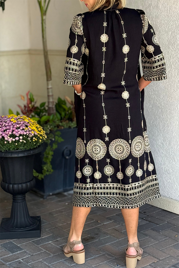 Moonlit Lace Embroidered Pocket Midi Dress