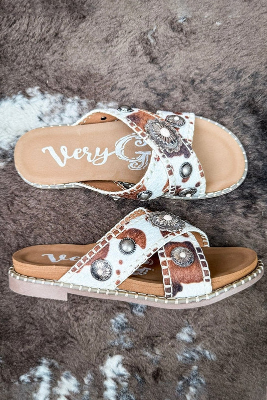 Western Concho Cow Print Cream And Tan Sandals
