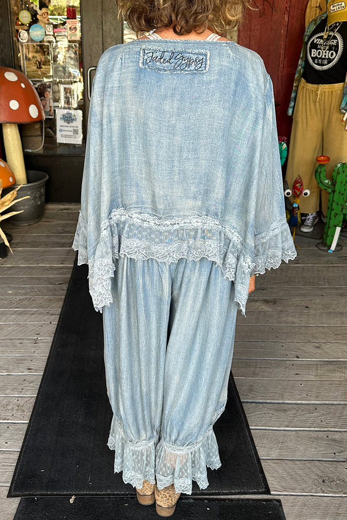 Denim Lace Hem Wide Pants