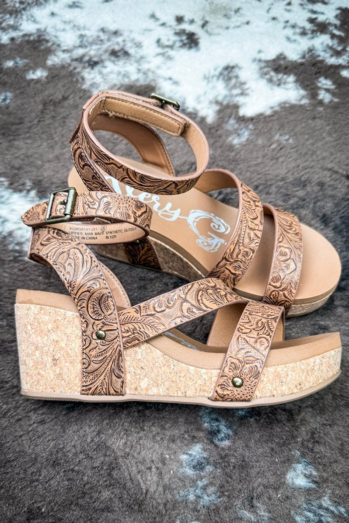 Western Tooled Floral Ankle Buckle Wedge Sandals