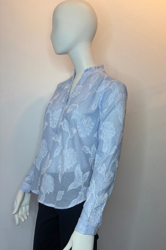 Flowly Ruffle Collar Stripe Leaf Print Top