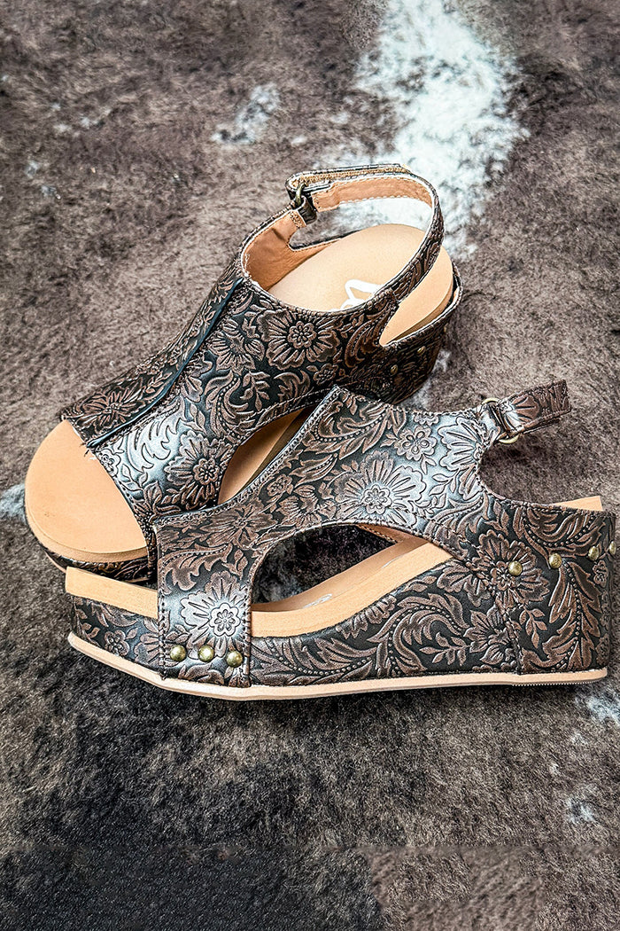 Western Tooled Floral Wedge Sandals